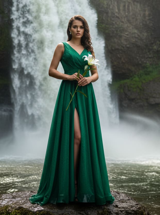 Woman by waterfall with lily