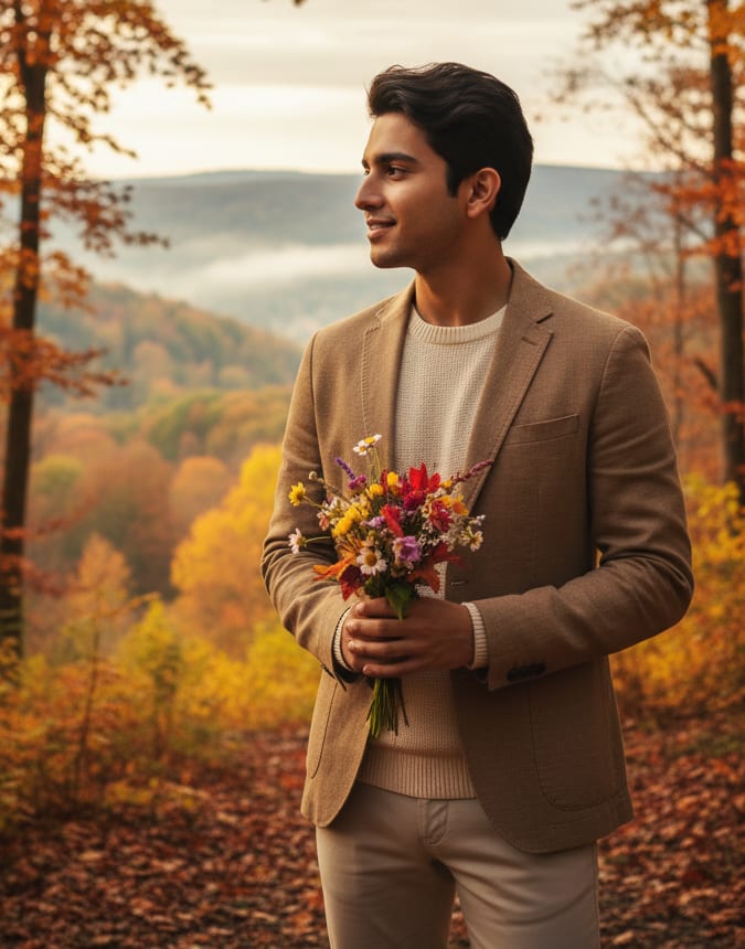 Man admiring autumn view with flowers