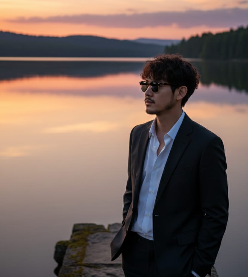 Man by lake at sunset with sunglasses