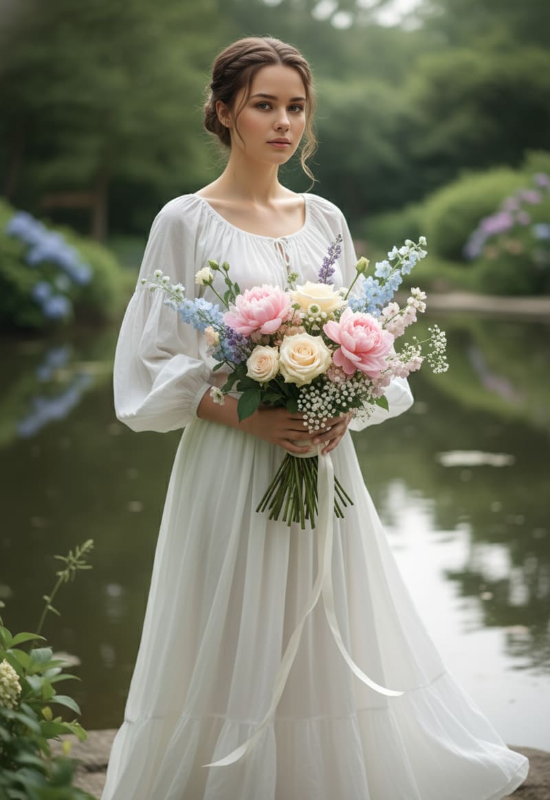 Woman by pond with flowers