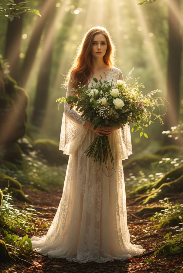 Woman in forest clearing with wild bouquet