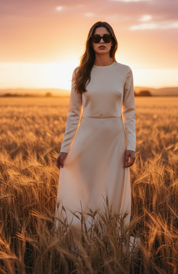 Woman in field at sunset with sunglasses