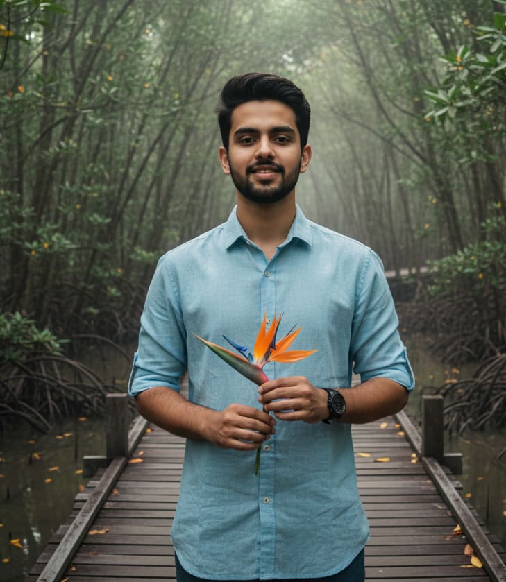 Man in mangrove with exotic flower