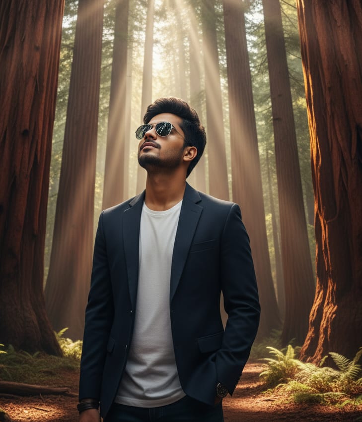 Man in redwood forest with sunglasses