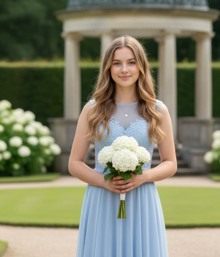 Woman by gazebo with hydrangeas