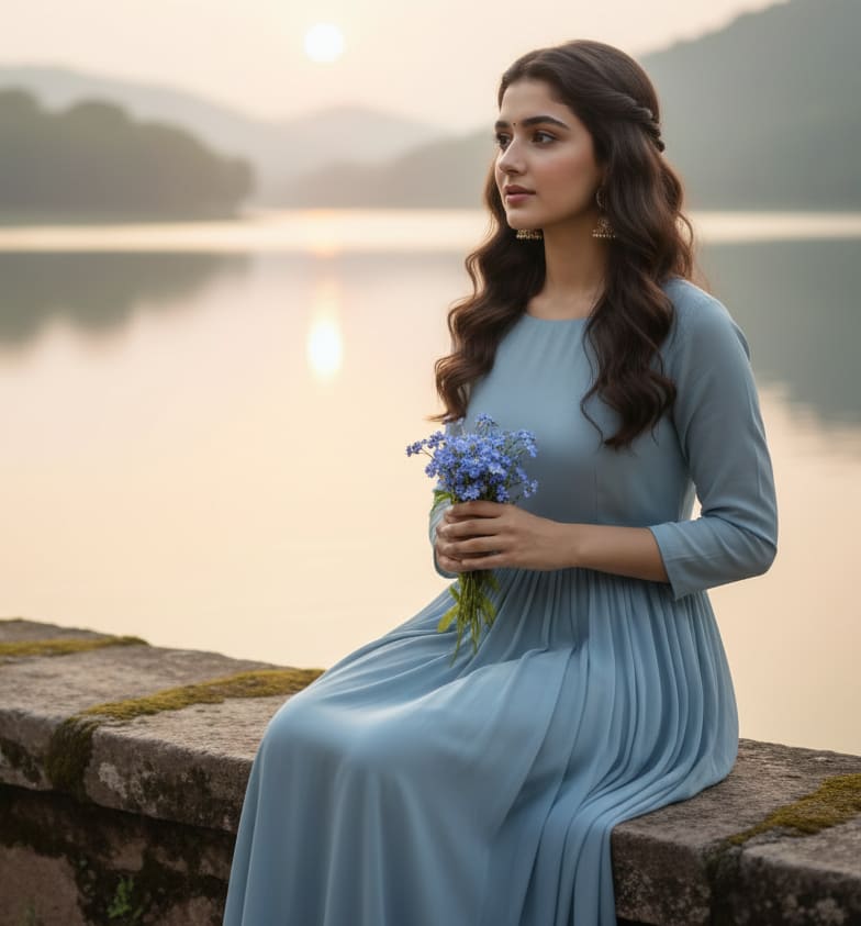 Woman on stone wall with forget-me-nots