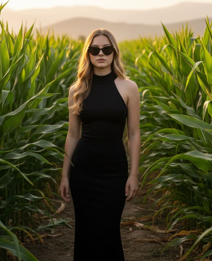 Woman in cornfield with sunglasses