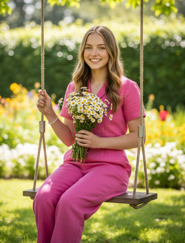 Woman on swing with flowers
