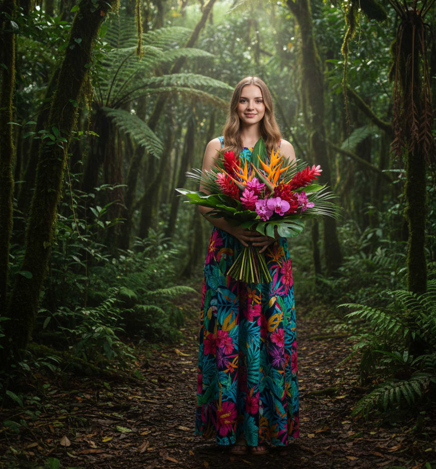 Woman in rainforest with tropical flowers