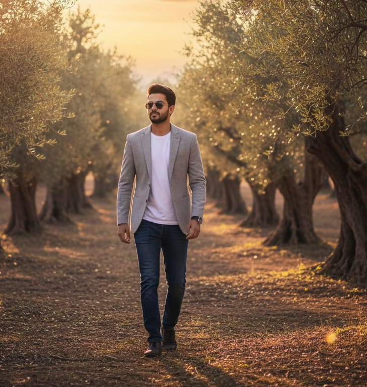 Man in olive grove with sunglasses