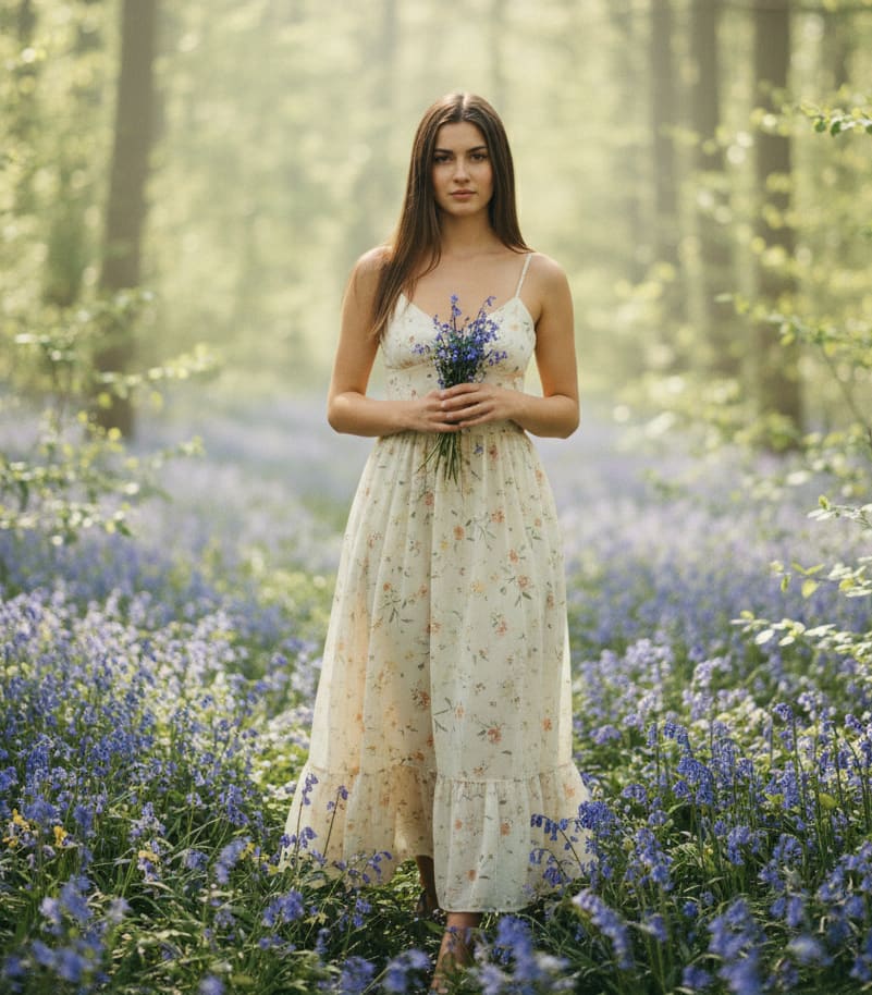 Woman in bluebell wood with bluebells