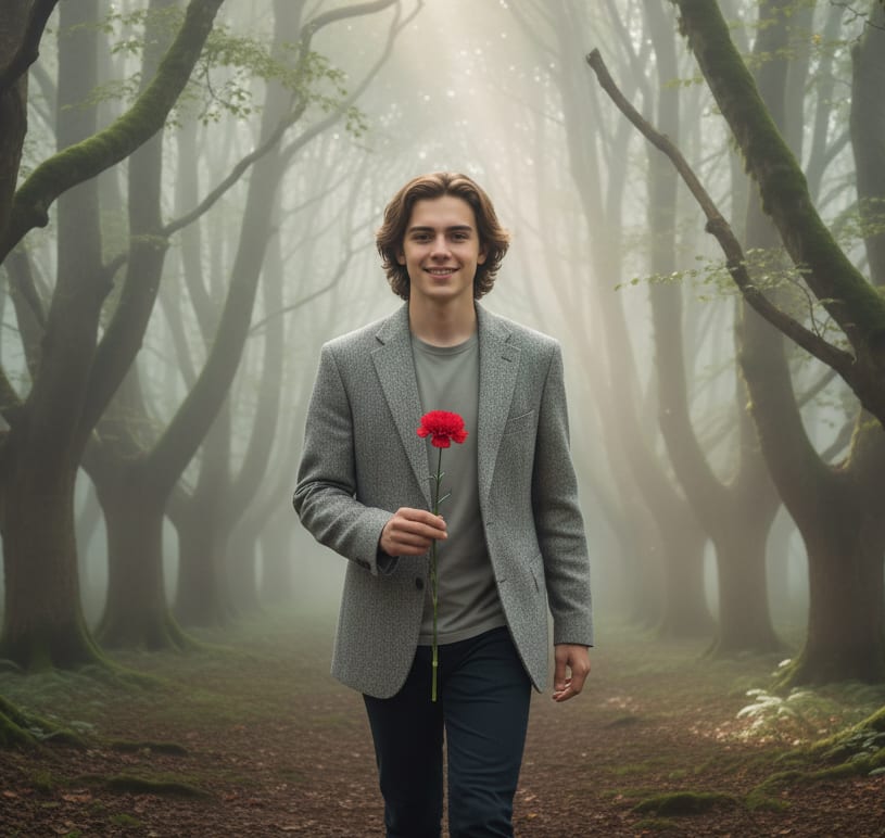 Man in misty forest with carnation