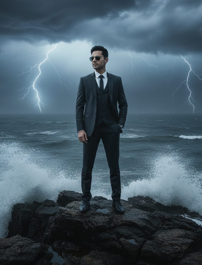 Man by stormy sea with sunglasses