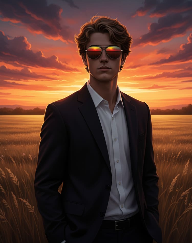 Man in field at sunset with sunglasses