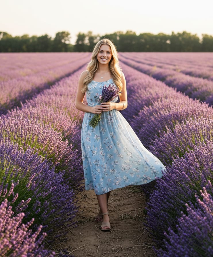 Woman in lavender field with flowers