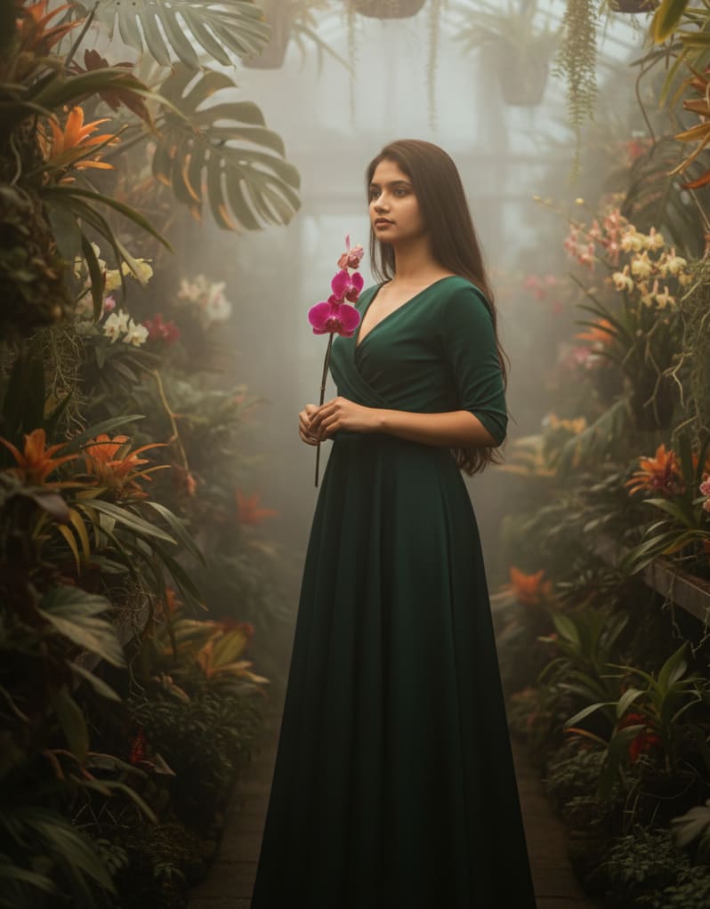 Woman in greenhouse with orchid
