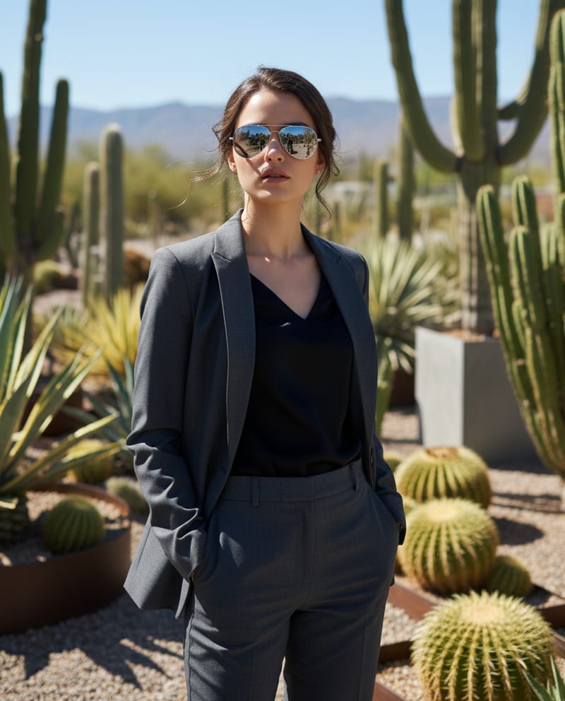Woman in desert garden with sunglasses