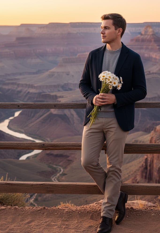 Man by canyon with daisies