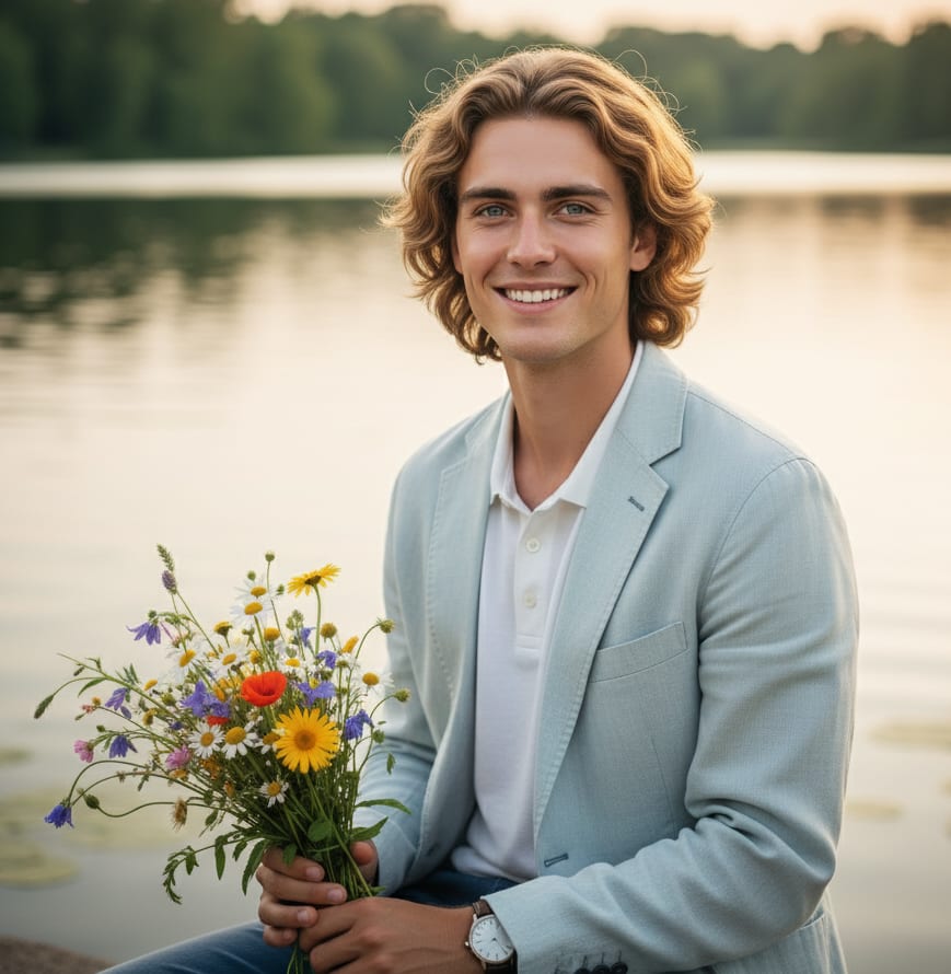 Man by lake with wildflowers