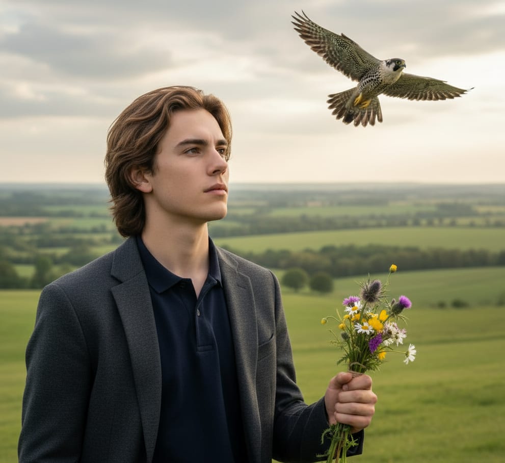 Man observing bird with flowers