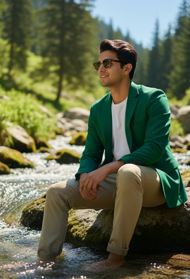 Man by stream with sunglasses