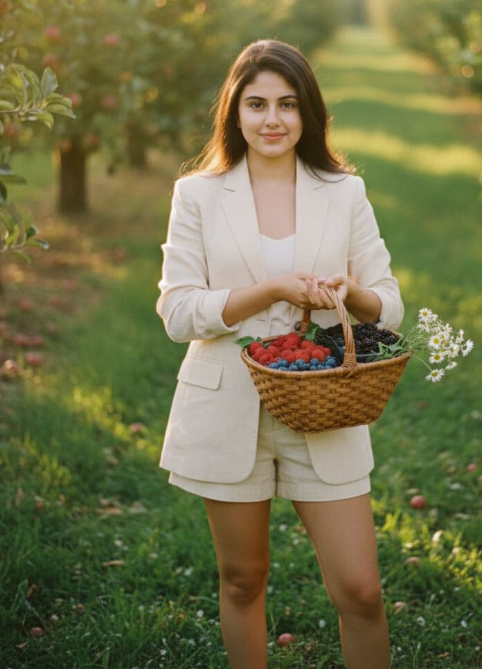 Woman in orchard with flowers
