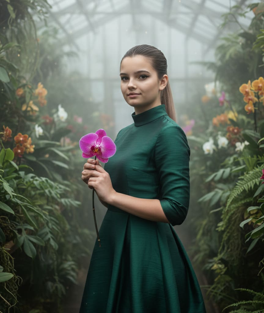 Woman in greenhouse with orchid