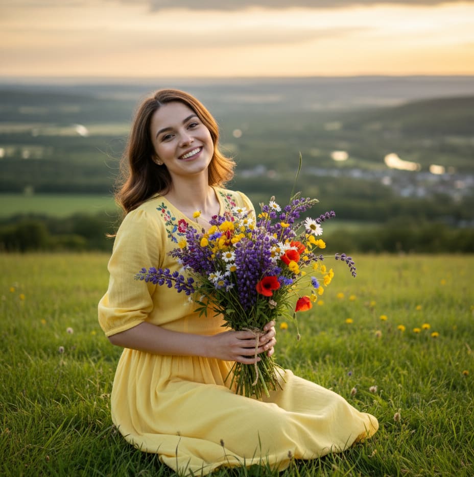 Woman on hill with field flowers