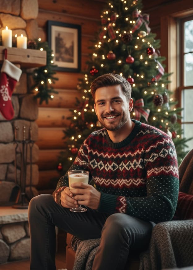 Man by fireplace with eggnog