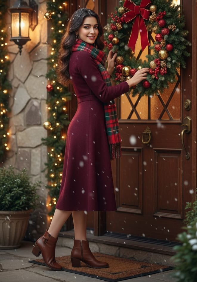 Woman hanging Christmas wreath