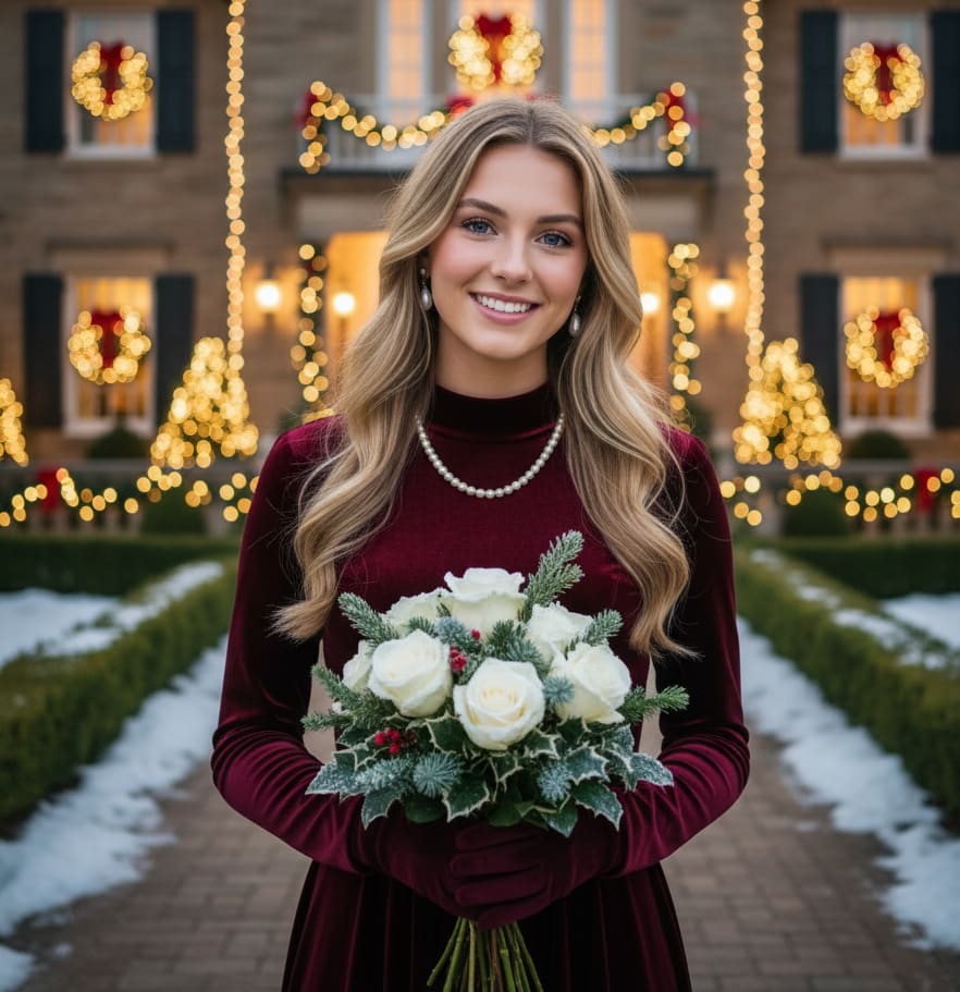Woman by manor house with bouquet
