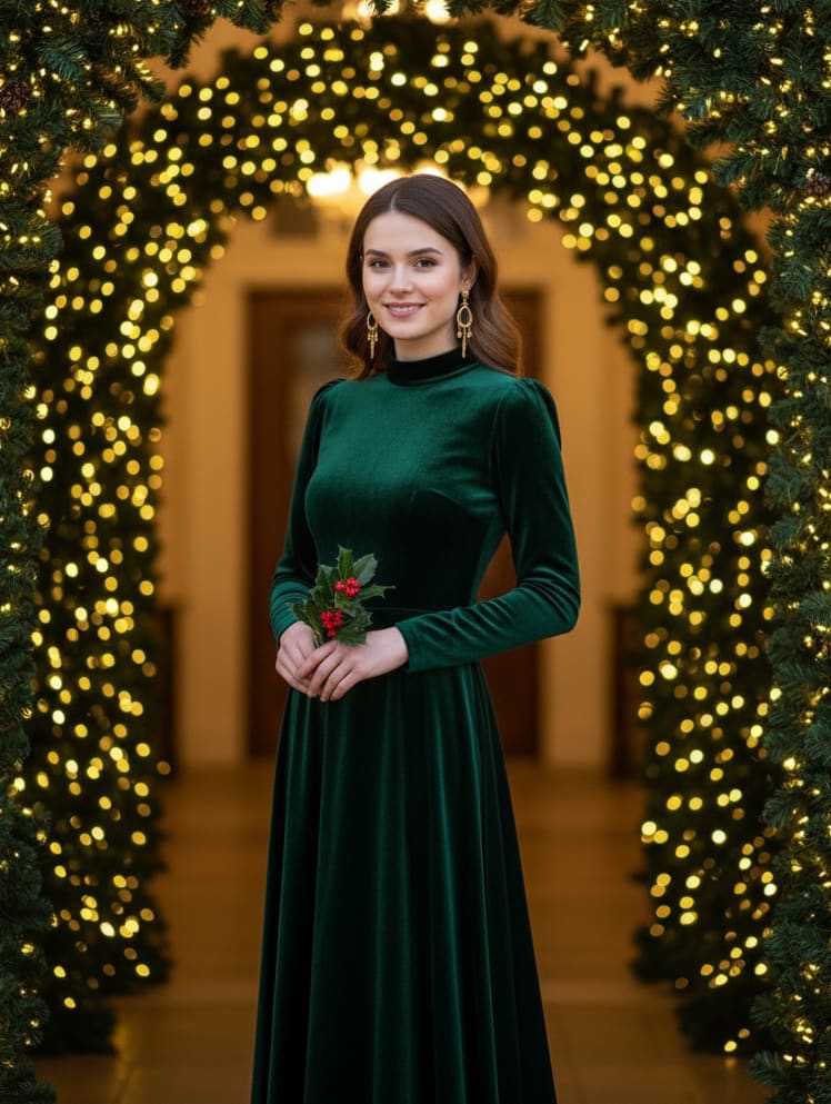Woman under archway with holly