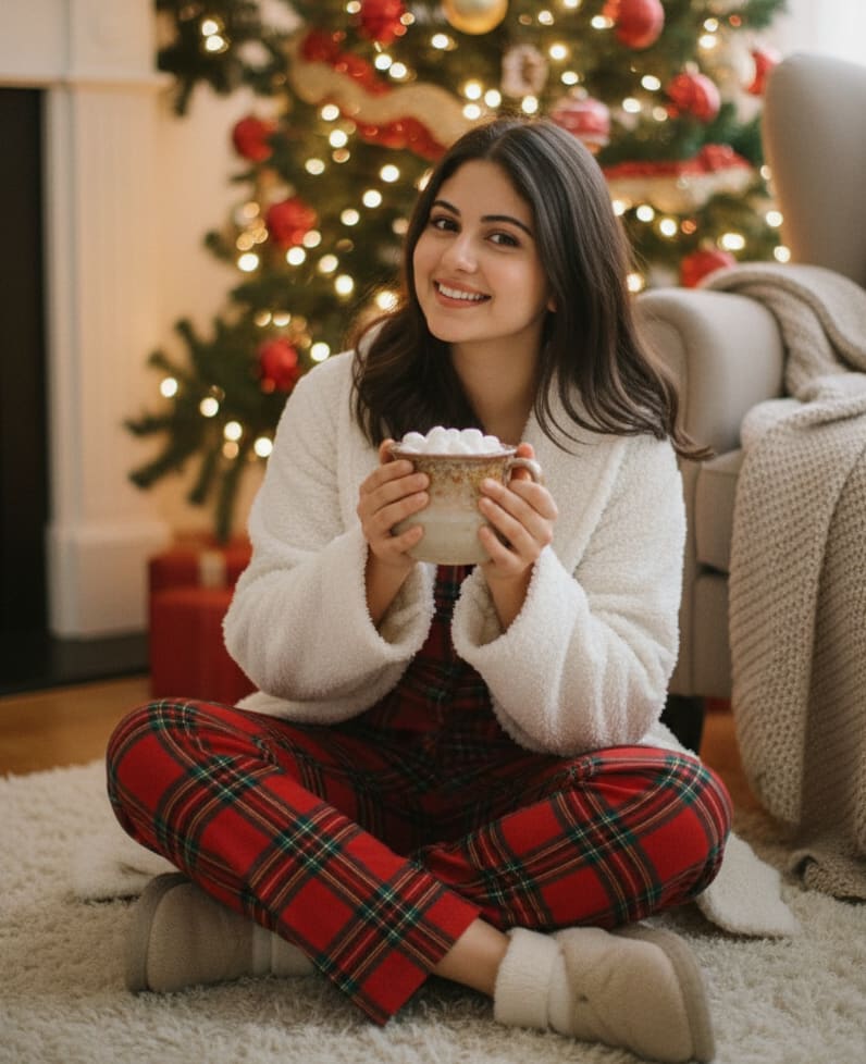 Woman with hot cocoa by Christmas tree