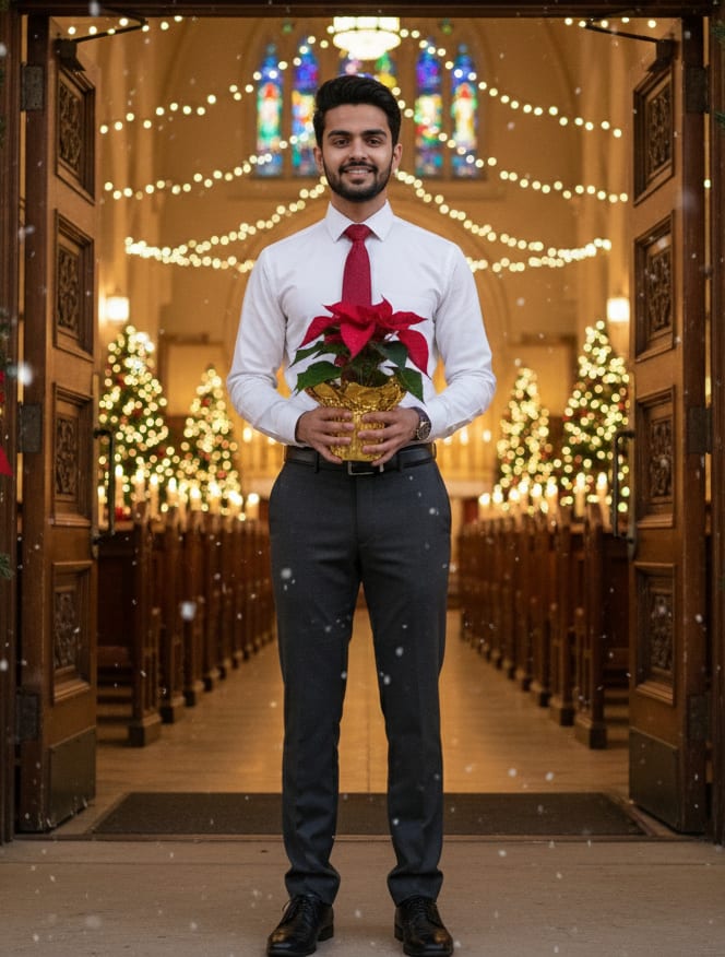 Man at church with poinsettia