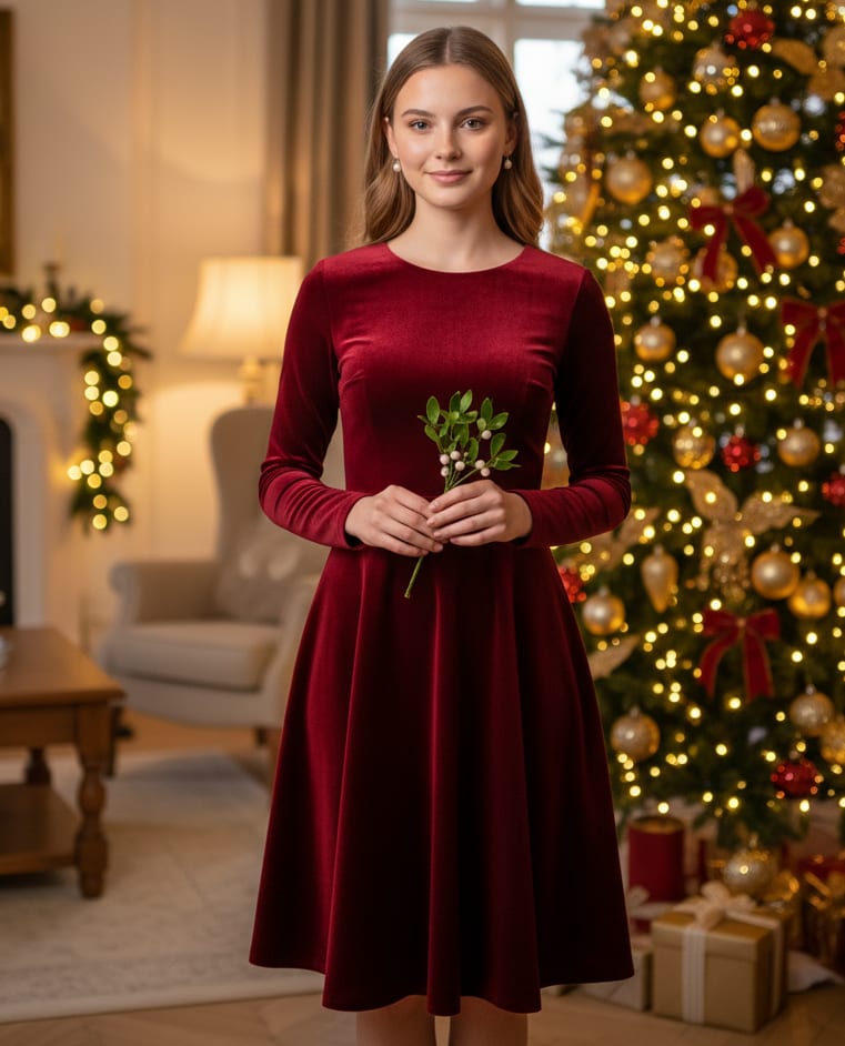 Woman under Christmas tree with mistletoe