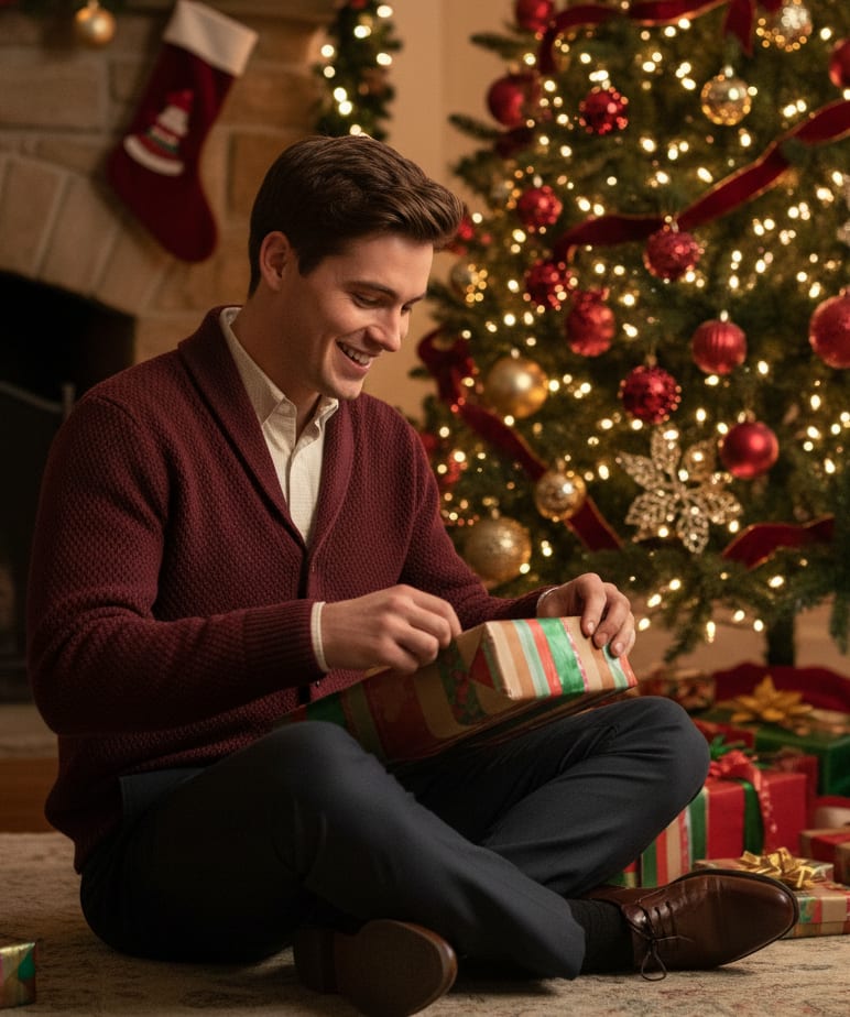 Man unwrapping gift