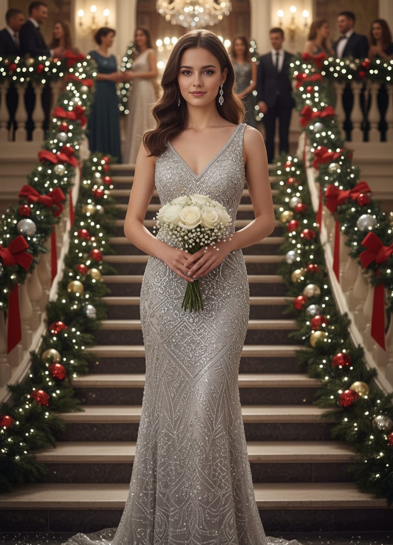 Woman on staircase with roses