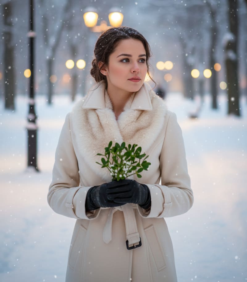 Woman in snowy park with mistletoe