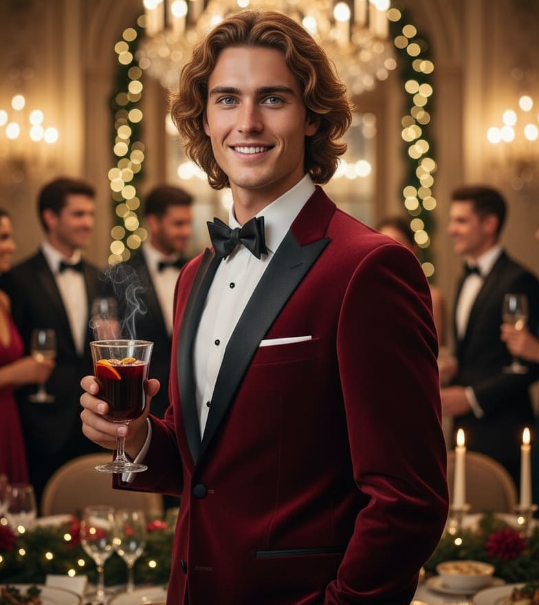 Man at Christmas dinner with wine