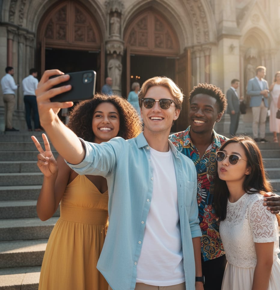 Man taking selfie on church steps