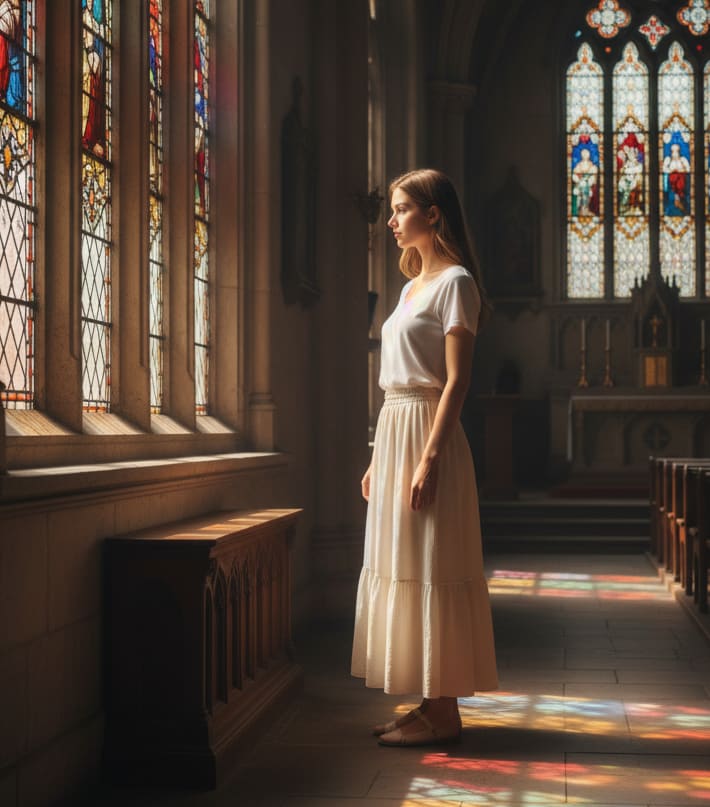 Woman by stained-glass window