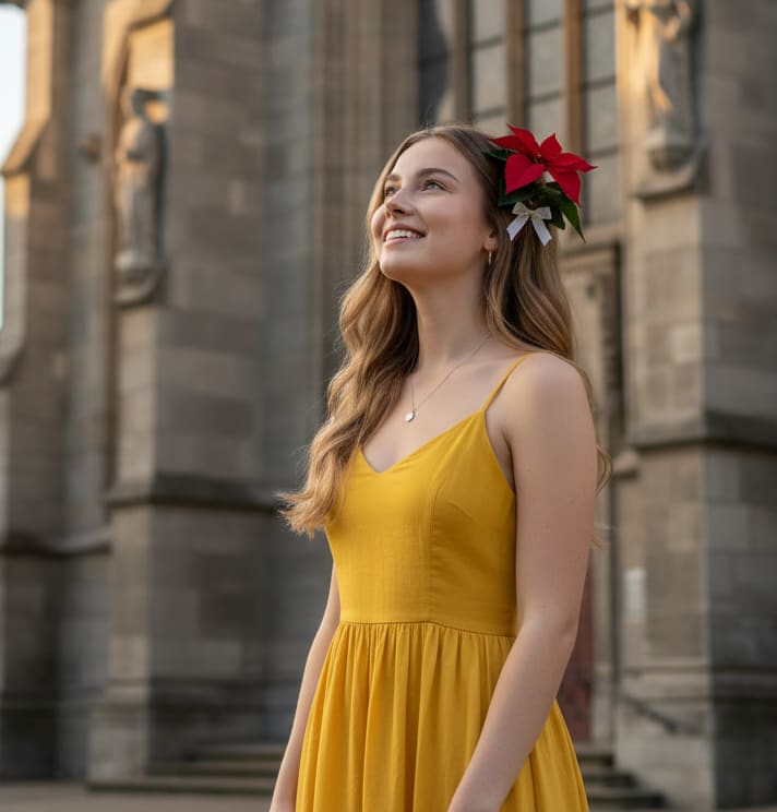 Woman admiring church facade