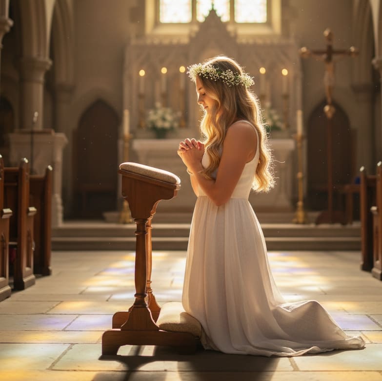 Woman kneeling in prayer in church