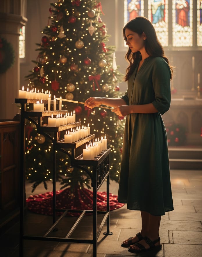 Woman lighting candle in church