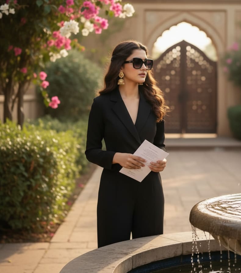 Woman by church garden fountain