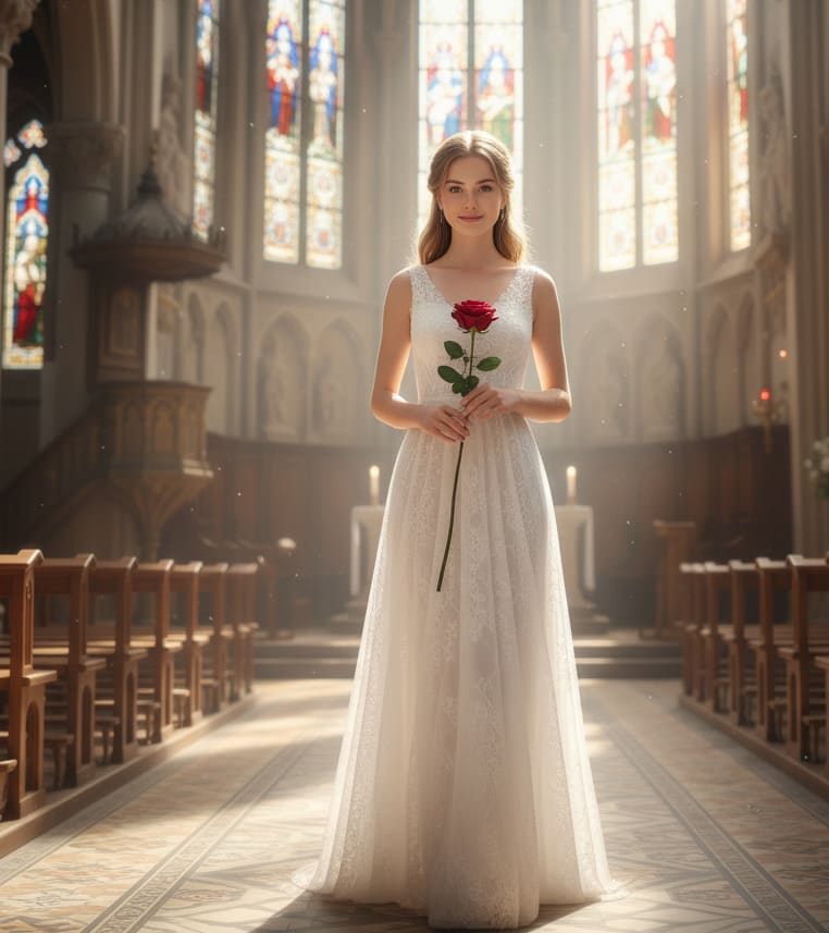 Woman in church aisle