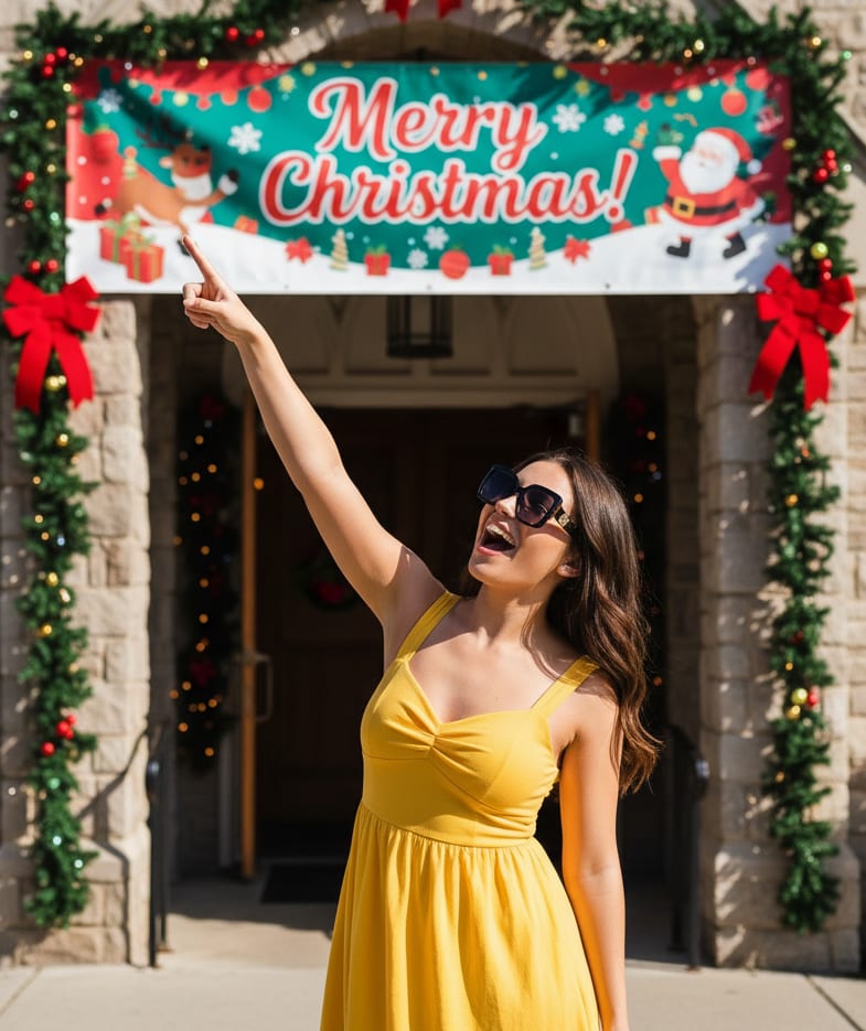 Woman pointing at church banner