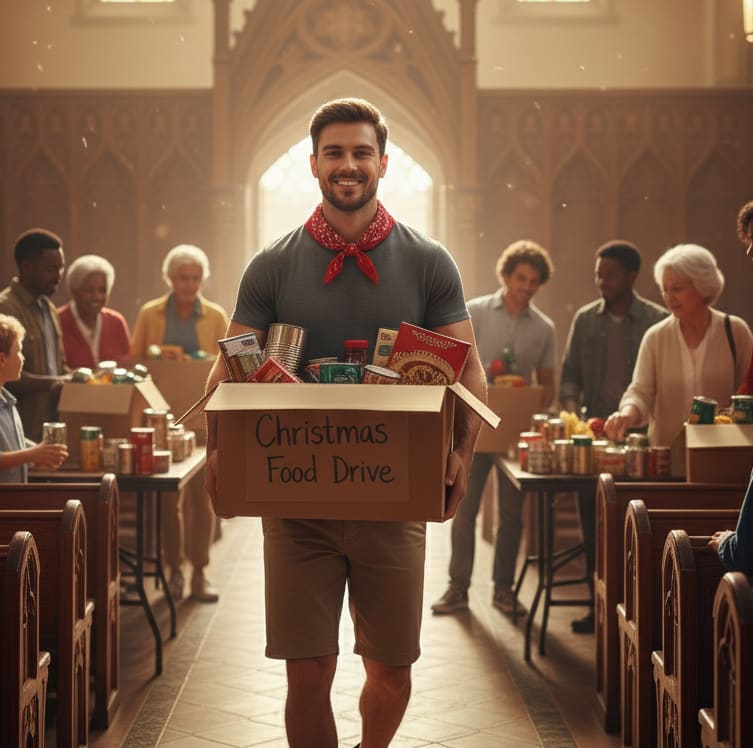 Man carrying donations into church
