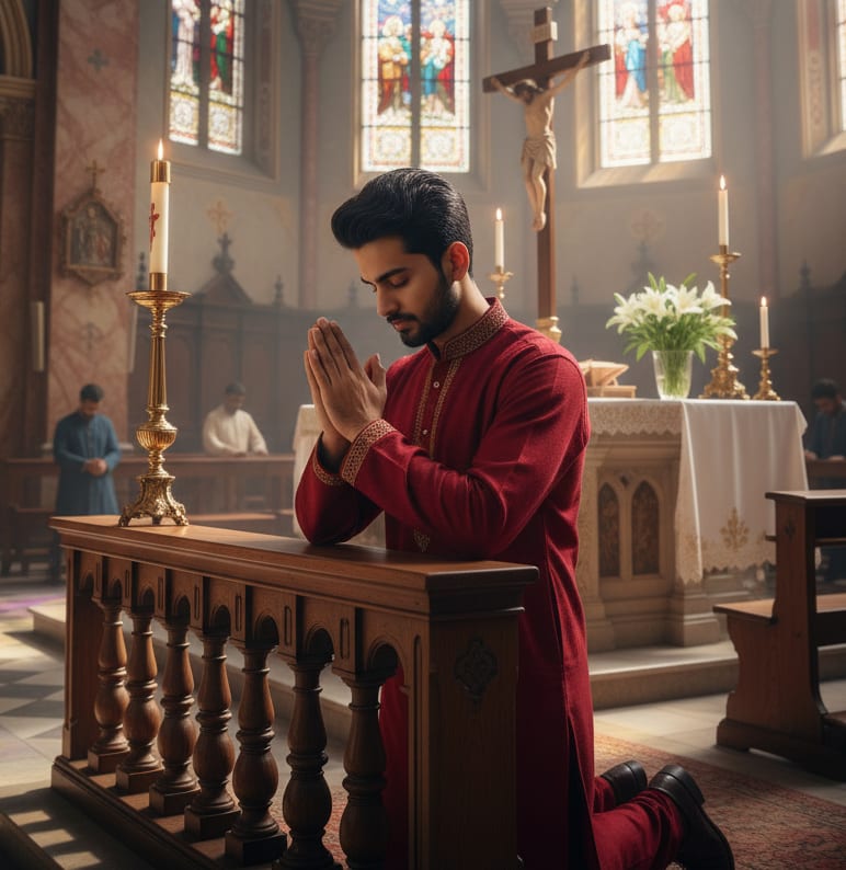 Man kneeling at church altar