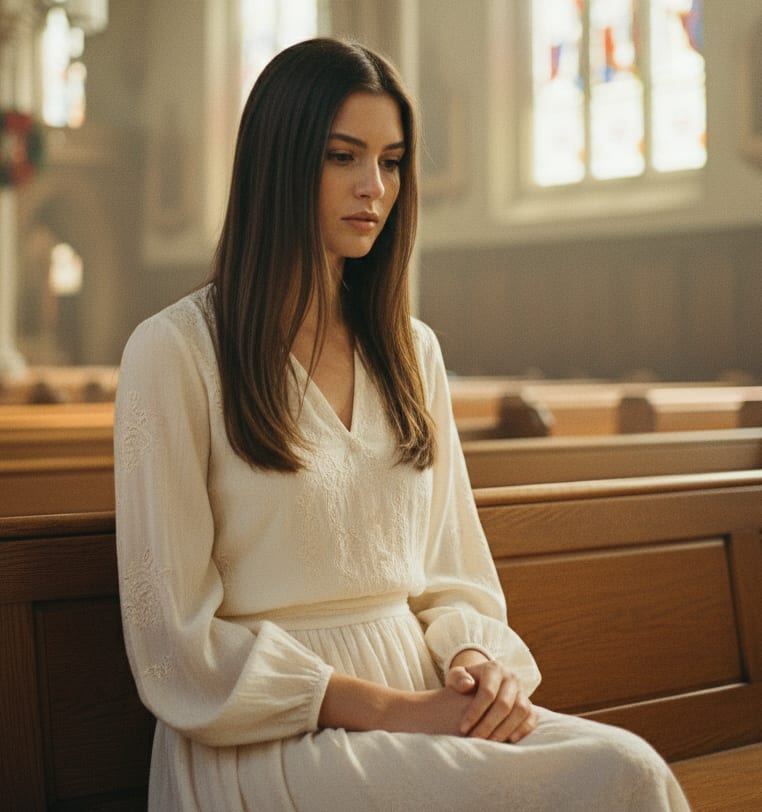 Woman in church pew